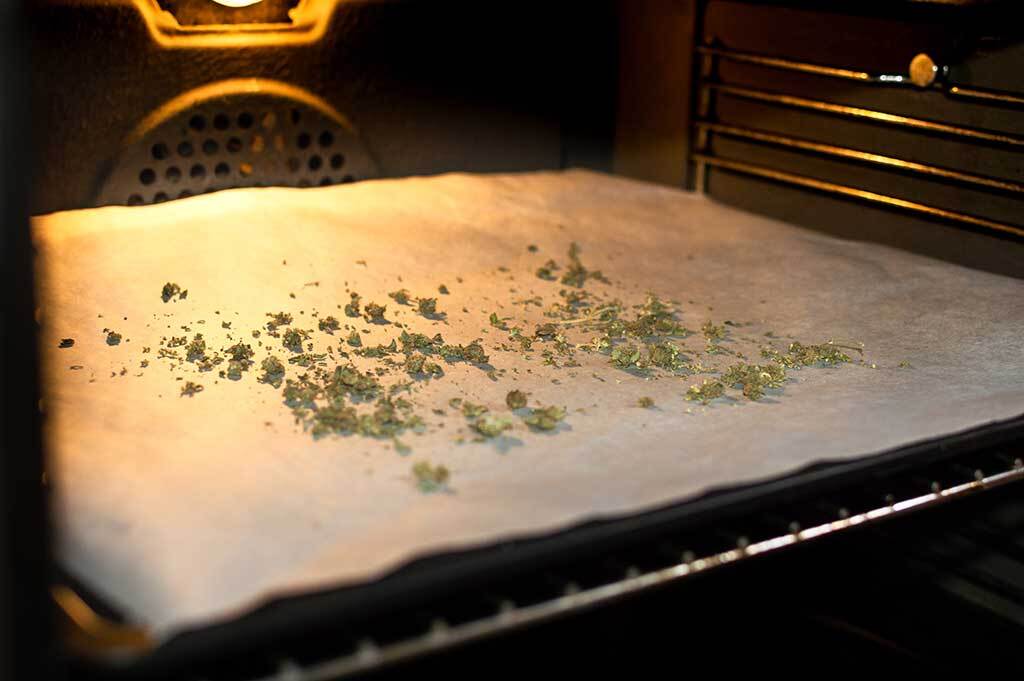 Cooking with marijuana. Backing cannabis buds to activate psychoactive effect and cook with it later.